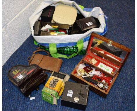 A large quantity of costume jewellery, including three 9ct gold and paste set rings and a vintage Rex camera (a lot)