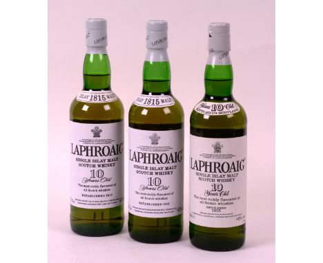 Three bottles of Laphroaig 10 Year Old Single Islay Malt Scotch Whisky, 70cl, 40% vol, tubed