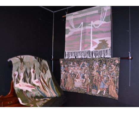 Tapestry wall hanging , depicting Flemish style scene on pole, 171cm diameter, together with two other hand woven wall hangin