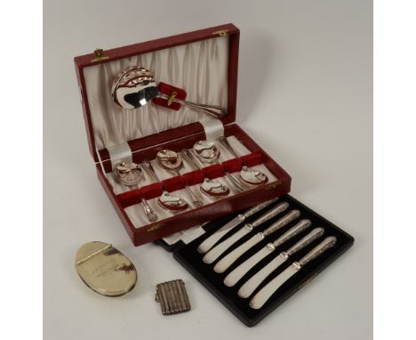 A mixed lot of silver and plate, including silver vesta case, six silver handled butter knives, plated snuff box and boxed pl