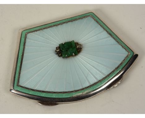 A George V silver and green Guilloche enamel compact, Birmingham 1935 CP&Co L, in two tone green with jade type decoration, e