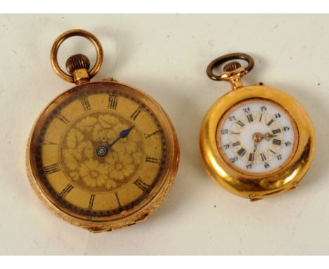 An 18ct gold open faced fob watch, the gilded dial with Roman numerals, stamped 18k to case, together with a small 18ct gold 