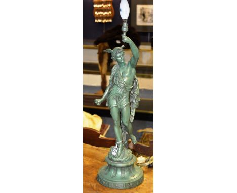A green patenated figural spelter lamp, possibly of Eros, 64cm high CONDITION REPORT: Lot 255 - has original switch, small su