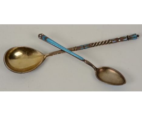 A late 19th century Russian silver gilt and cloisonne enamel spoon, with the Kokoshnik mark, possibly Ivan Sergeyevich Lebedk