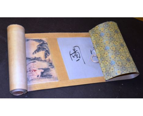 An early 20th century Chinese watercolour scroll picture on paper, decorated with erotic scenes, black character marks, appro