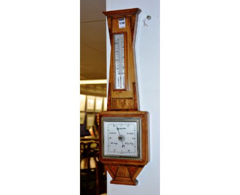 A walnut wall barometer, with thermometer gauge, 59cm long