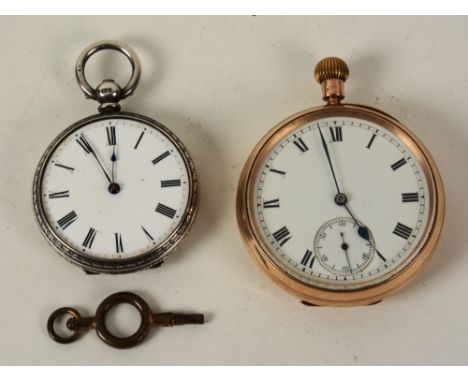 A 9ct gold open faced pocket watch, the white enamel dial with Roman numerals and subsidiary seconds dial, stamped 375 to cas