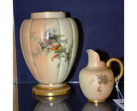 A Royal Worcester blush ivory jug, of small form, decorated with floral panel, 12cm high, together with a Royal Worcester blu
