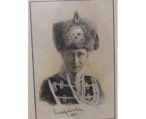 Georg Schobel -watercolour – Portrait of Crown Prince Wilhelm of Prussia in WWI Hussars uniform, signed, 11” x 7” - foxed.