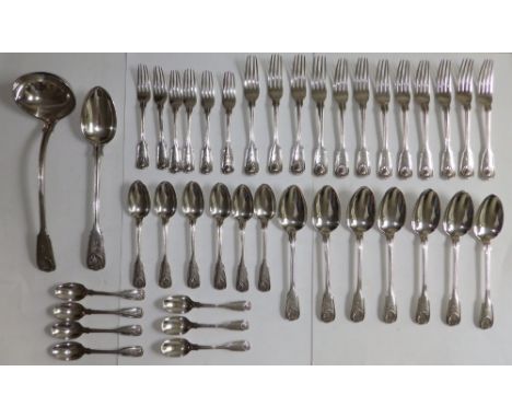 A 40 piece set of Victorian fiddle, thread & shell pattern silver cutlery, crested with a hand clasping a lobster, comprising