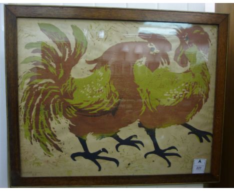 A study of chickens  coloured print  bears an indistinct pencil signature & dated '62  19'' x 24'' in an oak and gilt strip f