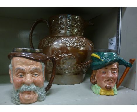 A 19thC moulded brown stoneware jug, decorated with mounted huntsmen, hounds and flora  11.5''h; and two Lancaster Sunderland