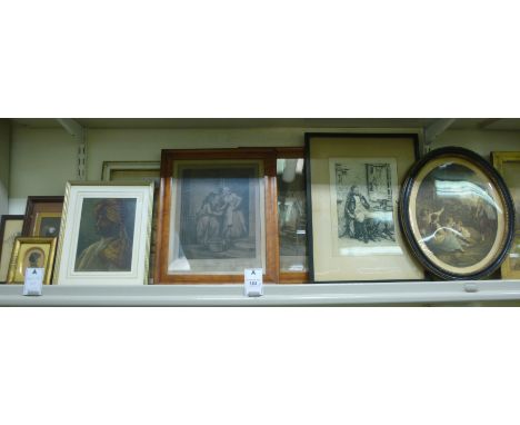 Six framed pictures: to include a head and shoulders portrait - a Persian aristocrat  oil on card  8'' x 6''       T0S9