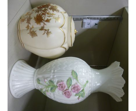 A Royal Worcester blush ivory glazed china pot pourri vase, pattern no.1313  6''h; and a Belleek porcelain Diane vase  11''h 