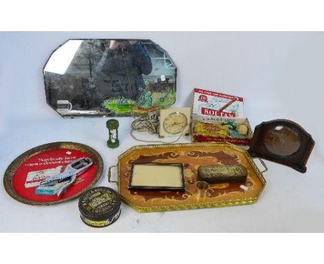 A small group of collectors' items including a tin "Park Drive Cigarettes" circular advertising tray, two tin boxes, an oak c
