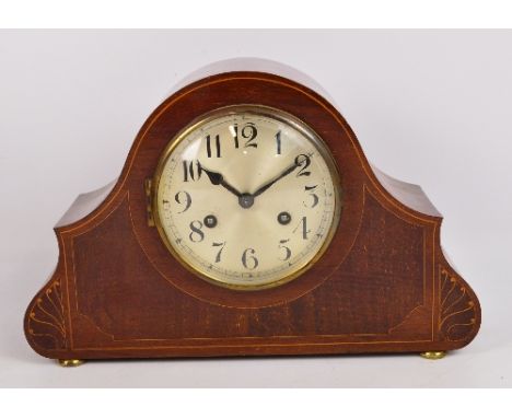 An Edwardian inlaid mahogany eight day chiming mantel clock, height 23cm.  CONDITION REPORT: Some evidence of old worm holes.