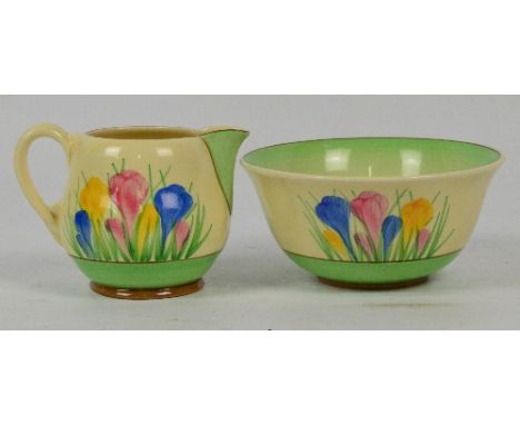A Royal Staffordshire Clarice Cliff design bowl and jug decorated with crocuses, printed marks to base, diameter of bowl 12.7