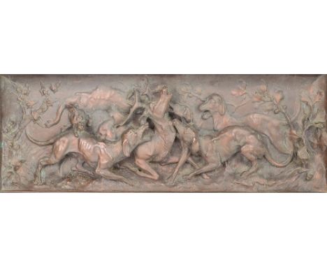 After ROBERT JEFFERSON (c.1827-c.1870); a large bronzed plaque of stag hunting with dogs, in high relief, impressed "R Jeffer