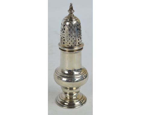 A Queen Elizabeth II hallmarked silver sugar caster of squat baluster form with panels of piercing below finial, Mappin & Web