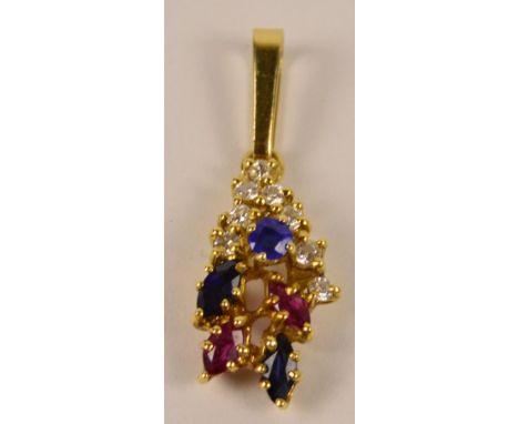 A yellow metal diamond, sapphire and ruby pendant with shaped drop, overall length including loop 3cm.