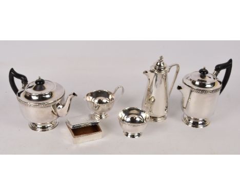 A plated Viners four piece tea set of plain form with a gadrooned border, with a circular foot, and a coffee pot of tapering 