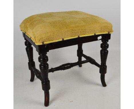 BROOKS LTD; a late Victorian/Edwardian upholstered dressing stool, on ring turned stretchered supports with outswept feet, st