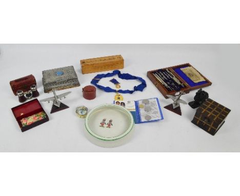 A quantity of mixed collectors' items including two English miniatures model aeroplanes "The Spitfire" and "The Lancaster", a