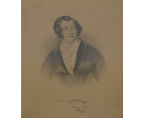 An autographed black and white lithograph depicting Eliza Cook, 1818-1889, an English author and poet associated with the cha