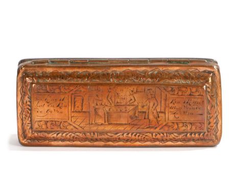 An 18th Century Dutch copper snuff box with of the period English naming, the box with tavern scenes t o the top and bottom, 