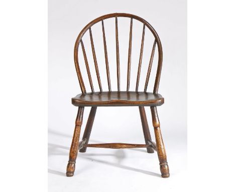                         A 19th Century ash and elm stick back Windsor chair, probably West Country, with hooped spindle-fille