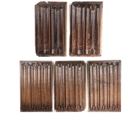                         Five Tudor oak linenfold-carved panels, English circa 1540-60, to include a pair and a set of three, 