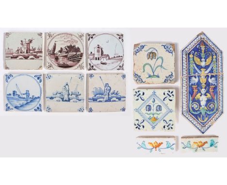                         A collection of 18th century Delft tiles, to include: three in Manganese with buildings and rivers, a
