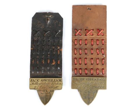                        Two 19th century brass and leather mounted Fellowship Porter badges, the first engraved  'Jas C Gwill
