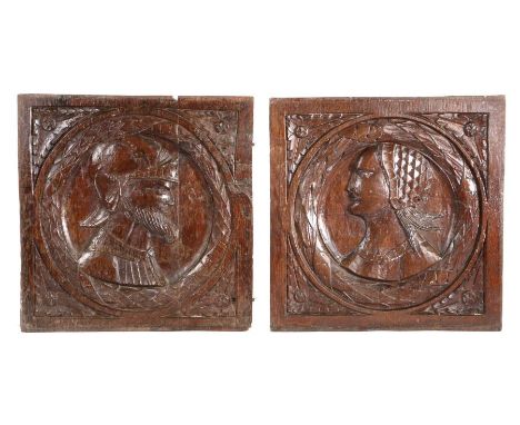                         A good pair of  Henry VIII oak Romayne-type portrait panels, circa 1530, each with a carved bust with