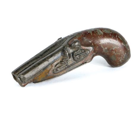 An early 19th century pewter snuff box in the form of a flintlock pistol, circa 1815With traces of original polychrome decora