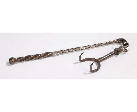                        An 18th century steel 'toasting fork', with two tines, attached by chains to the twist handle with ba