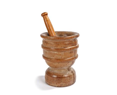                         A maple/sycamore mortar, circa 1800, of baluster form, with deep rim and ring-turned foot, 16cm high,