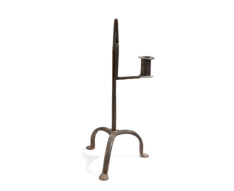 English iron table rush light and candle holder, circa 1770-1800, the nips above a straight stem and projecting candle holder