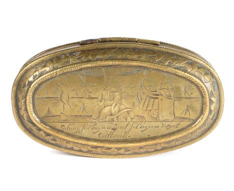                         An 18th century brass snuff box, Dutch                         Of oval form, engraved with a Biblical