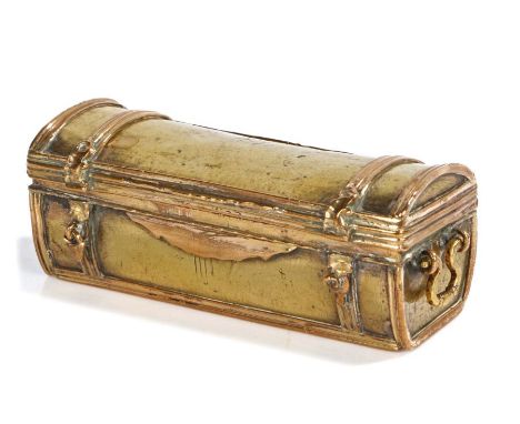 An early 18th century gilt-brass snuff box, Nuremburg/Augsburg, in the form of a dome-lidded chest, with reeded straps, hasps