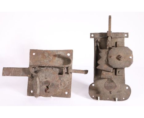                         Two 16th/17th century iron locks, the first with a square plate and key, the plate 16.5cm long, the s