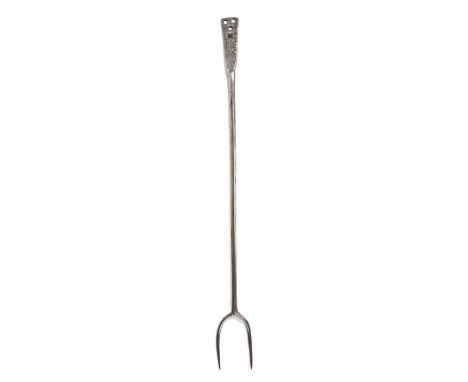 An Iron meat fork, circa 1800, with two curving tines, circular stem with flattened end engraved with three sets of initials,