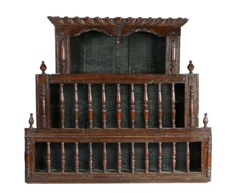                         A rare mid-17th Century oak three-tier mural livery cupboard, or glass case,  English ,circa 1650, th