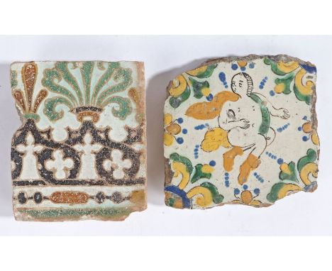                         A 15th century 'cuerda seca' tile, Toledo, Spain, in green, black and brown glaze, 10cm wide, togethe