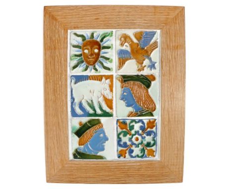                         Six 16th century olambrillas (floor tile), Seville, Spain,  in blue, green and brown glaze depicting 