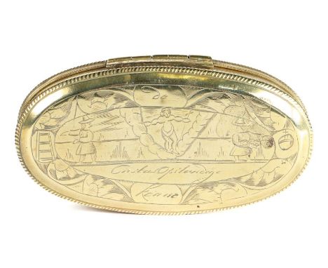                         An 18th century brass snuff box, Dutch                         Of oval form, engraved with figures in