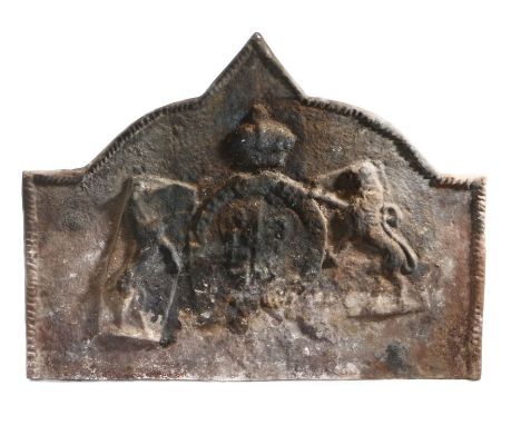                         A  cast iron fireback, probably 16th/17th century, arch broken arched form, rope boarder, designed wi
