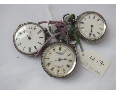Three ladies silver pocket watches, one with a key   