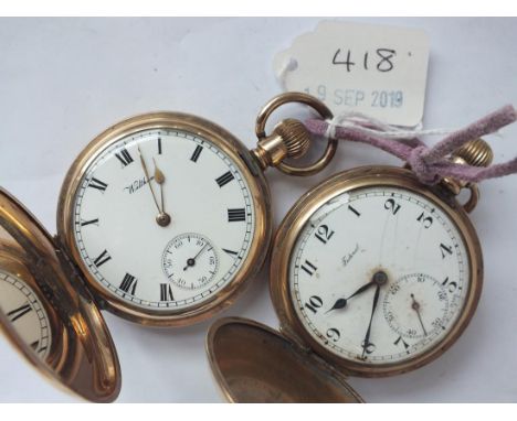 Two gents rolled gold hunter pocket watches, one by Waltham and both seconds dials     