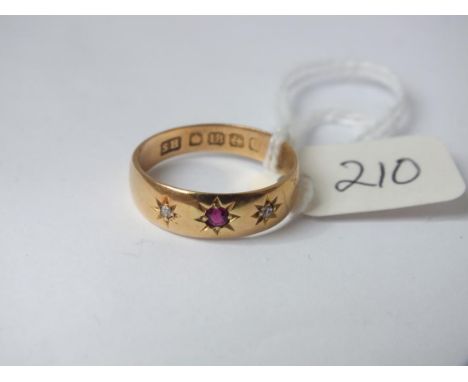 18ct three stone ruby &amp; diamond gypsy ring  approx size M  2.8g inc      